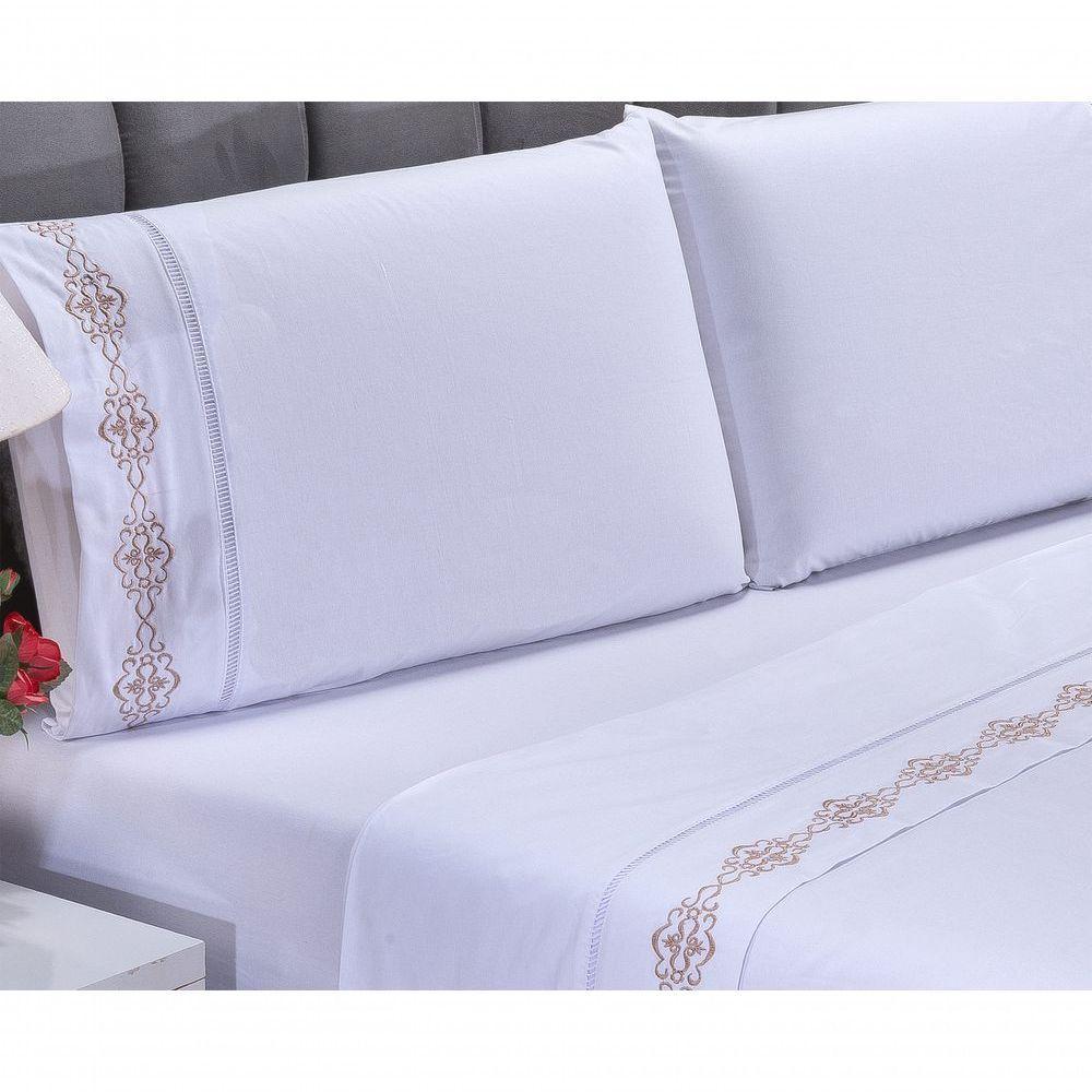 Jogo Lençol Diamante Quarto Casal Queen Bordado 4 Peças 2fronha Cor: Branco Com Caqui - 4