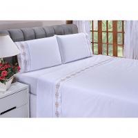 Jogo Lençol Diamante Quarto Casal Queen Bordado 4 Peças 2fronha Cor: Branco Com Caqui - 2