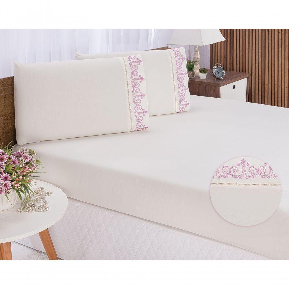Jogo Lençol Quarto Casal King Bordado 3 Peças Palha Com Rose - 1
