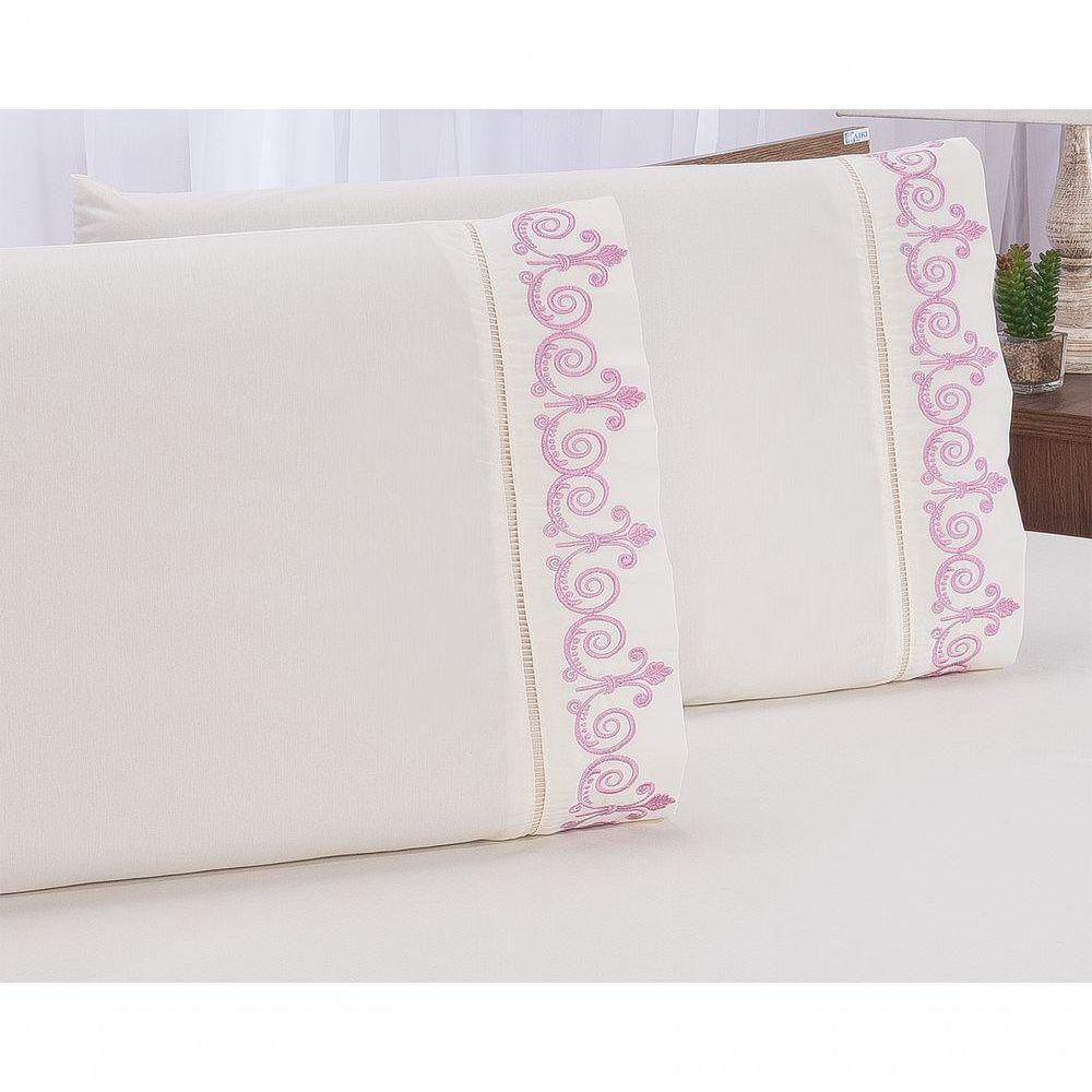 Jogo Lençol Quarto Casal King Bordado 3 Peças Palha Com Rose - 3