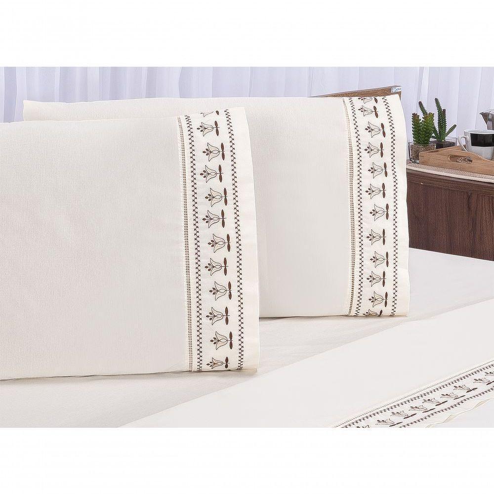 Jogo Lençol Tulipa Quarto Casal Padrão Bordado 4 Peças 2fronha Cor: Palha Com Chocolate. - 7