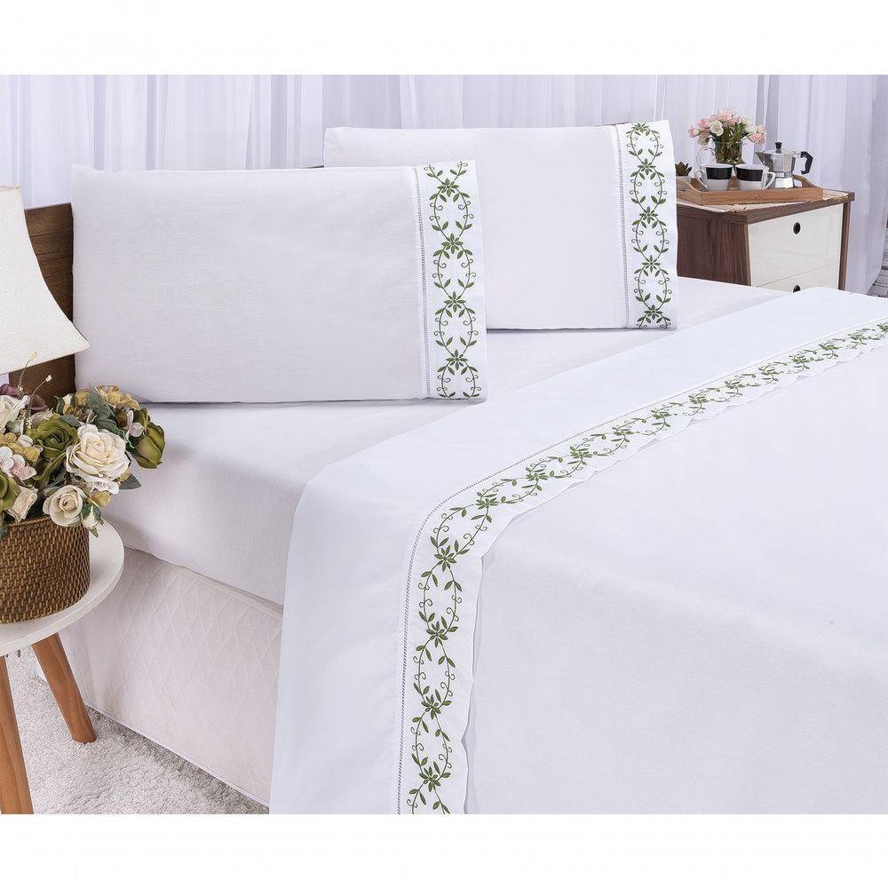 Jogo Lençol Veneza Quarto Casal Queen Bordado 4 Peças 2fronha Cor: Branco Com Verde Musgo - 1