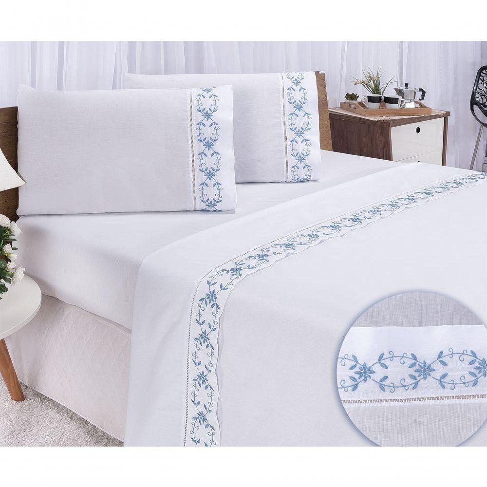 Jogo Lençol Veneza Quarto Casal Queen Bordado 4 Peças 2fronha Cor: Branco Com Verde Musgo - 8