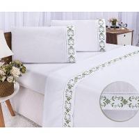 Jogo Lençol Veneza Quarto Casal Queen Bordado 4 Peças 2fronha Cor: Branco Com Verde Musgo - 2