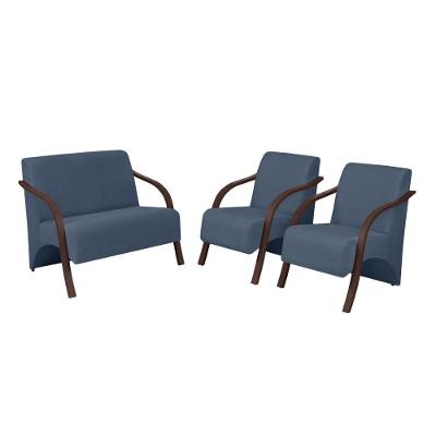 Conjunto Poltrona Vênus Braço Madeira Suede Azul Bic