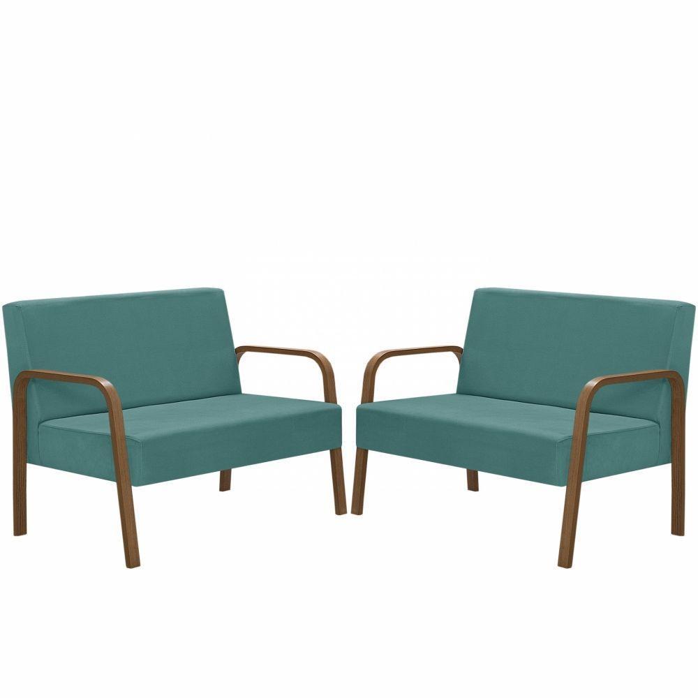 Kit 2 Poltrona 2 Lugares Jade Braço Madeira Turquesa - 1