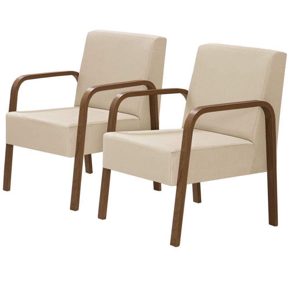 Kit 2 Poltronas 1 Lugar Jade Braço Madeira Bege - 1
