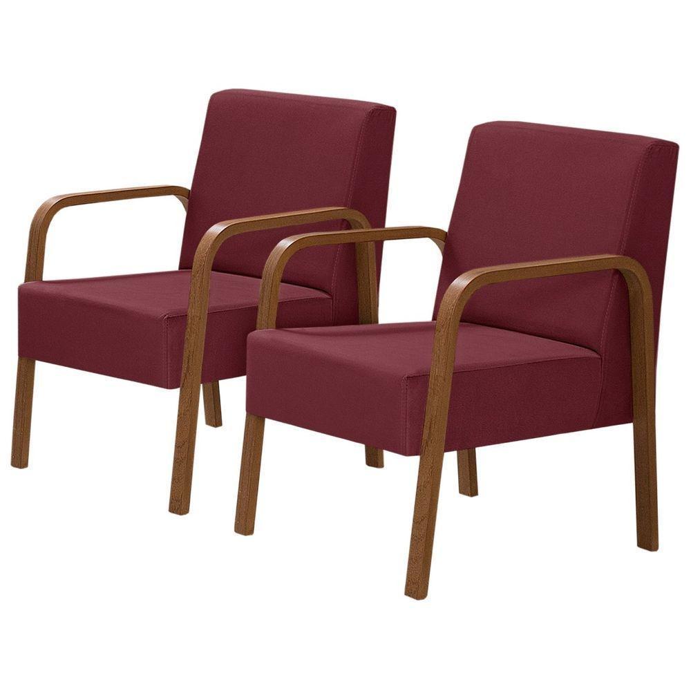Kit 2 Poltronas 1 Lugar Jade Pé Madeira Suede Bordô - 1