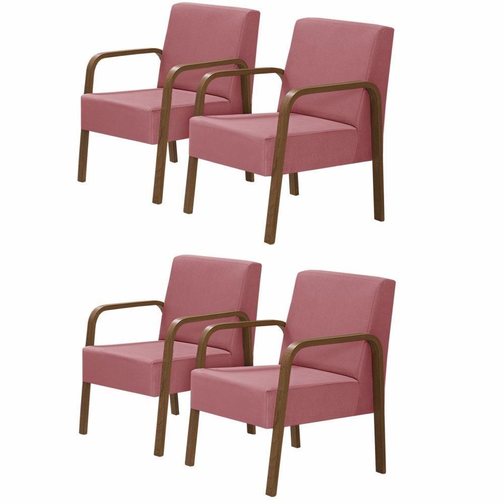 Kit 4 Poltronas 1 Lugar Jade Braço Madeira Rosa - 1