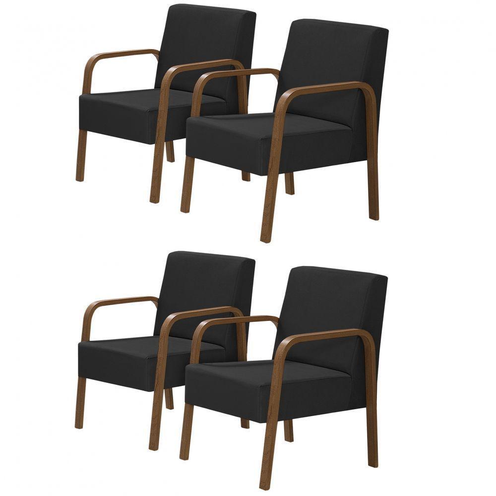 Kit 4 Poltronas 1 Lugar Jade Pé Madeira Suede Preto - 1