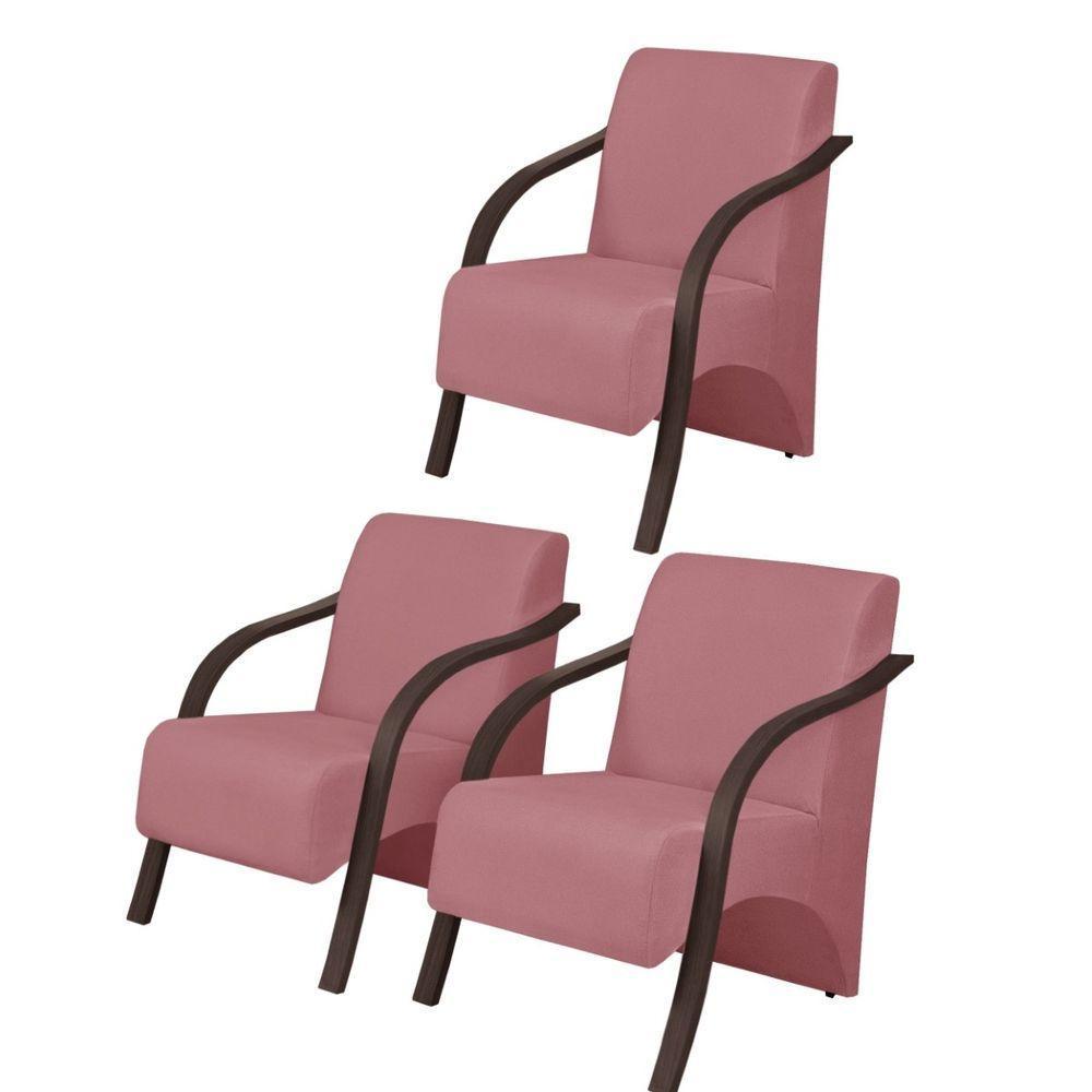 Kit3 Poltronas Vênus 1 Lugar Pé Madeira Suede Rosa - 1