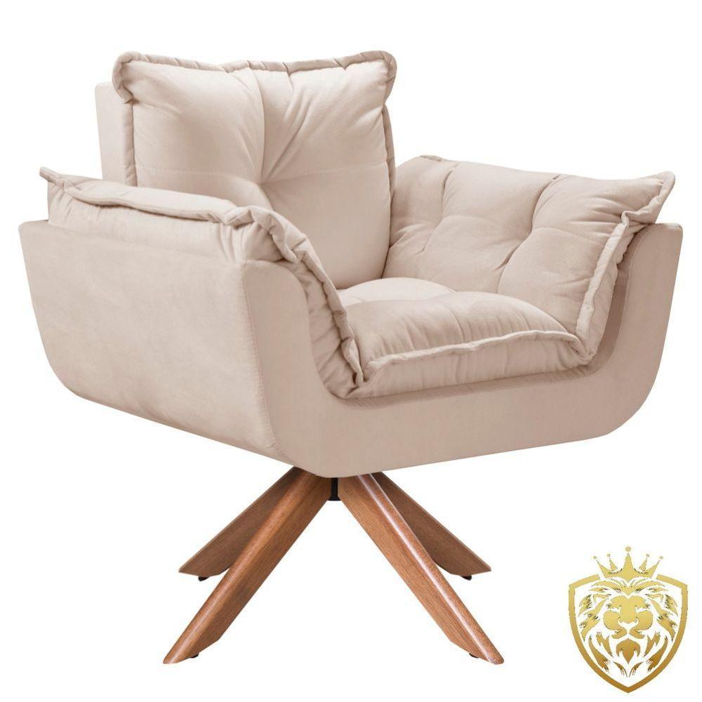 Poltrona Opalla Giratória Madeira Suede Bege - 1