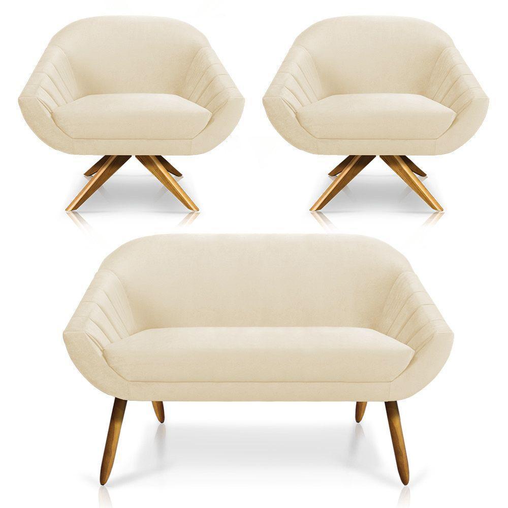 Kit 01 Namoradeira 02 Lugares E 02 Poltronas Giratória Giovana Veludo Base Madeira Bege - 1