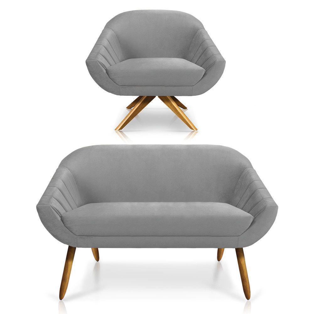 Kit 01 Namoradeira 02 Lugares E 01 Poltrona Giratória Giovana Veludo Base Madeira Cinza - 1