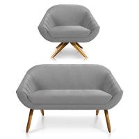 Kit 01 Namoradeira 02 Lugares E 01 Poltrona Giratória Giovana Veludo Base Madeira Cinza - 1