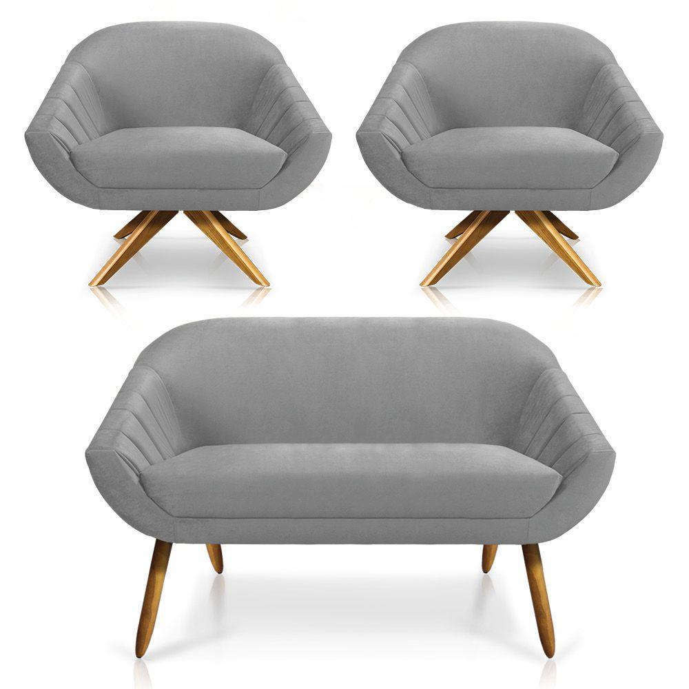 Kit 01 Namoradeira 02 Lugares E 02 Poltronas Giratória Giovana Veludo Base Madeira Cinza - 1