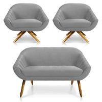 Kit 01 Namoradeira 02 Lugares E 02 Poltronas Giratória Giovana Veludo Base Madeira Cinza - 1