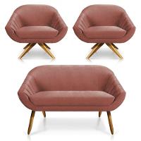 Kit 01 Namoradeira 02 Lugares E 02 Poltronas Giratória Giovana Veludo Base Madeira Rose - 1