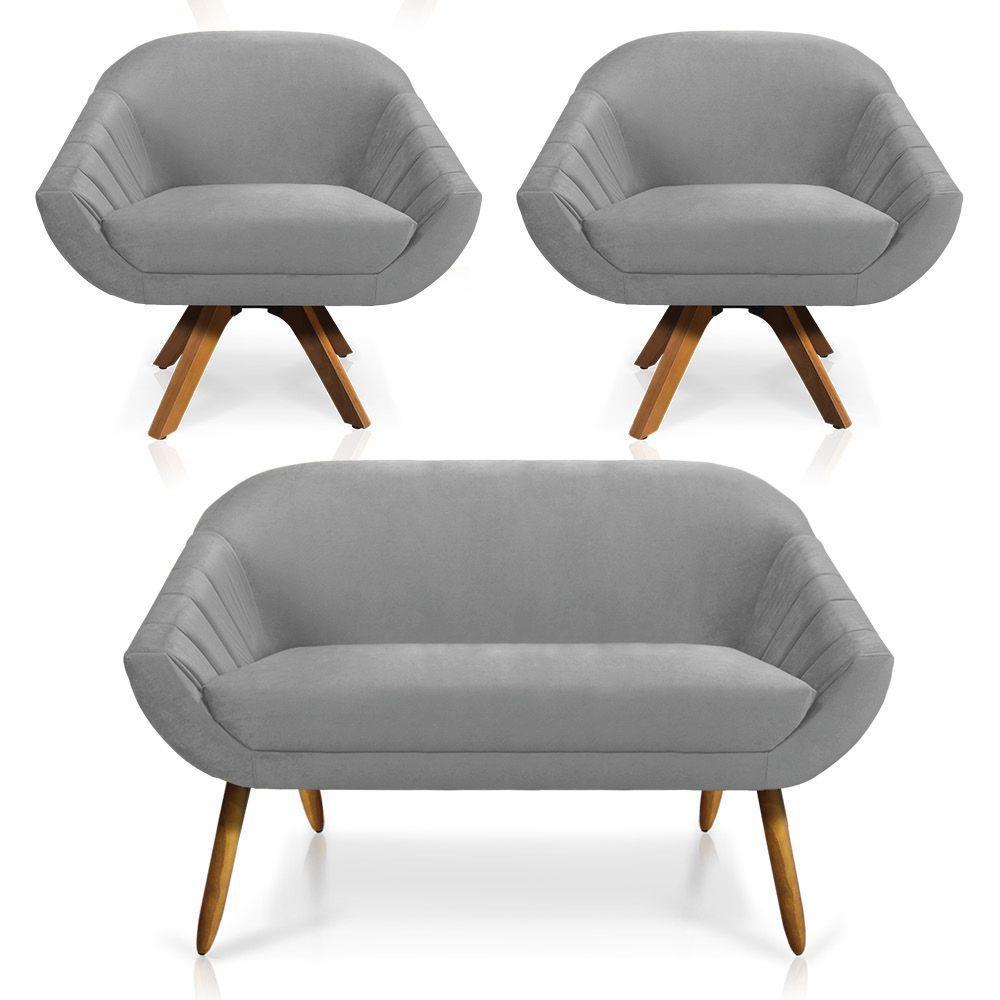Kit 01 Namoradeira 02 Lugares E 02 Poltronas Giratória Giovana Veludo Base Madeira Cinza - 1