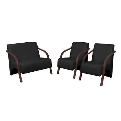 Conjunto Poltronas Vênus Braço Madeira Courino Preto