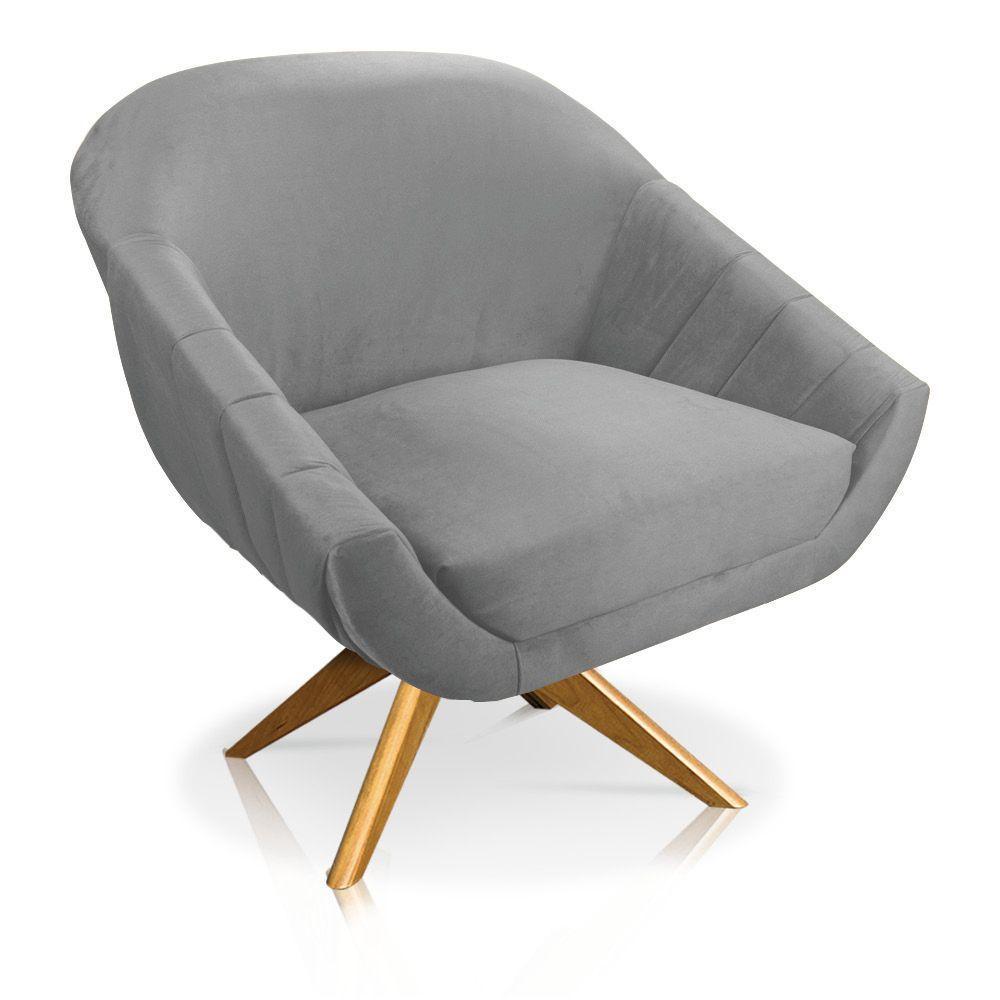 Kit 02 Poltronas Veludo Cinza Base Madeira - 7
