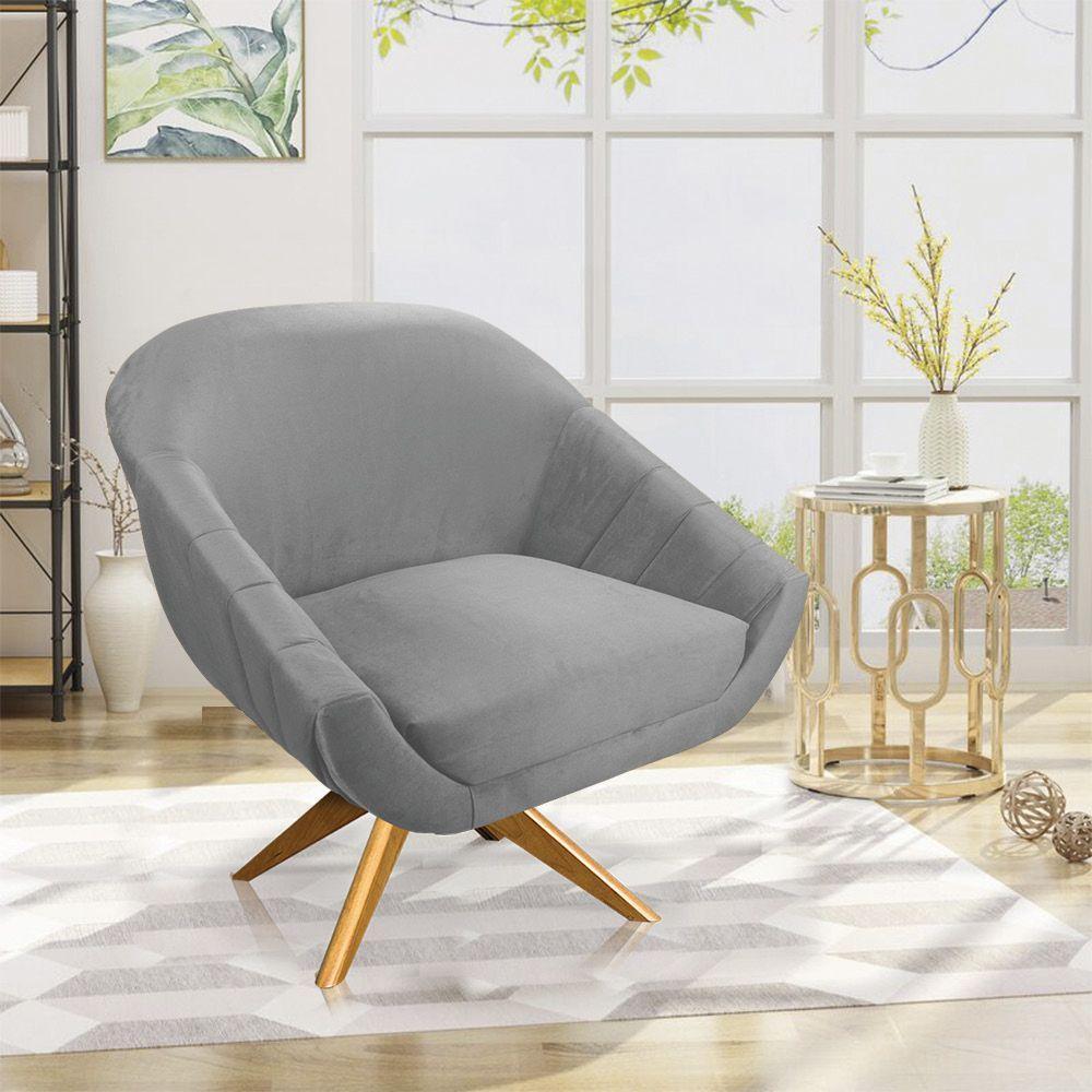 Kit 02 Poltronas Veludo Cinza Base Madeira - 8