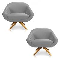 Kit 02 Poltronas Veludo Cinza Base Madeira - 1