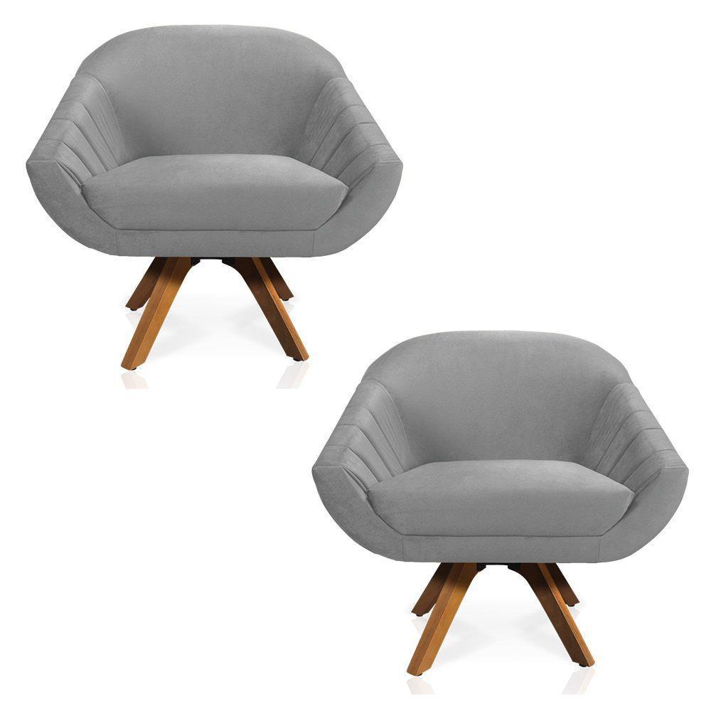 Kit 02 Poltronas Veludo Cinza Base Madeira - 1