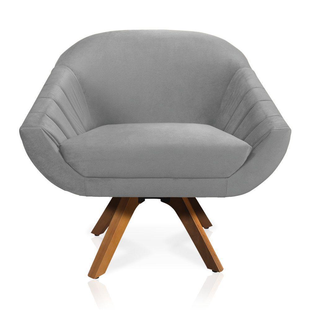 Kit 02 Poltronas Veludo Cinza Base Madeira - 5
