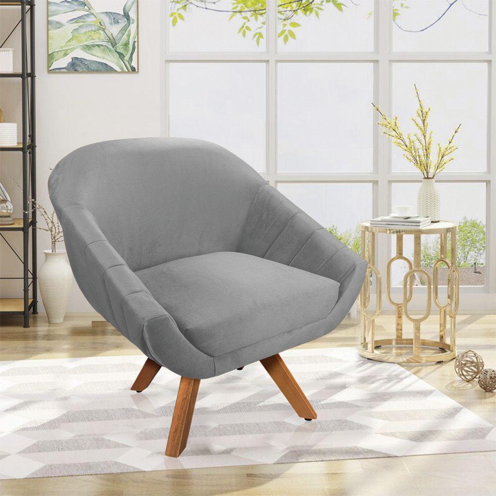 Kit 02 Poltronas Veludo Cinza Base Madeira - 7