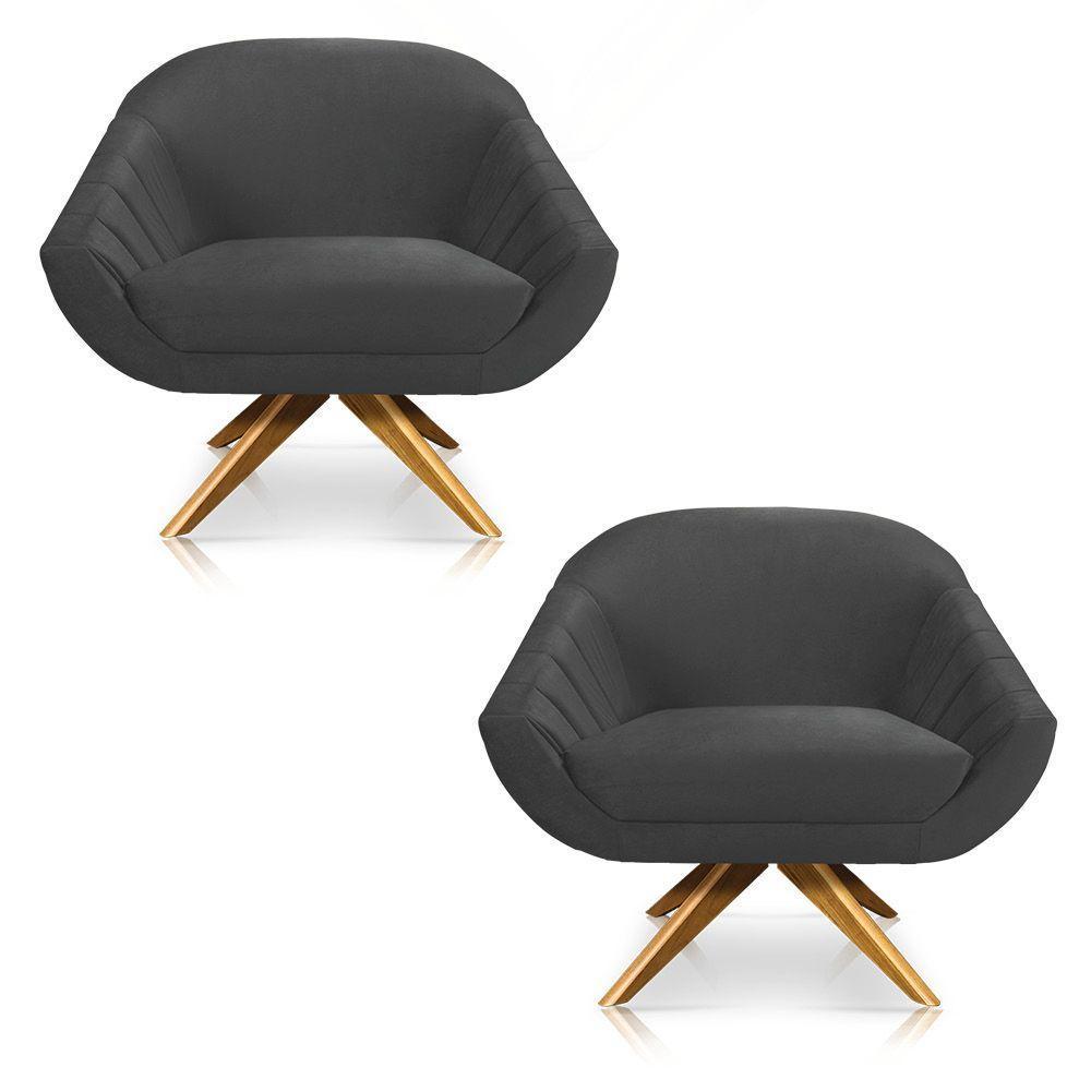 Kit 02 Poltronas Veludo Grafite Base Madeira - 1