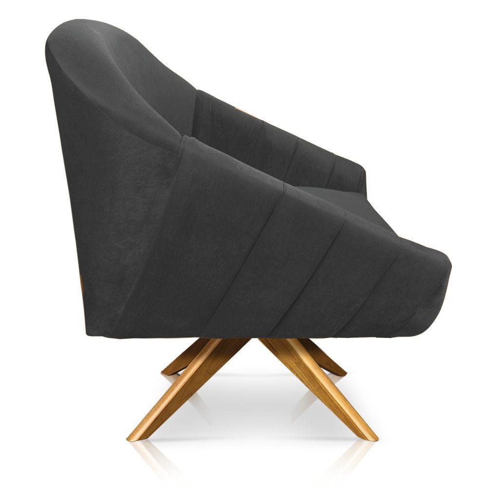 Kit 02 Poltronas Veludo Grafite Base Madeira - 5