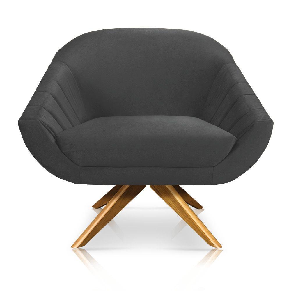 Kit 02 Poltronas Veludo Grafite Base Madeira - 6