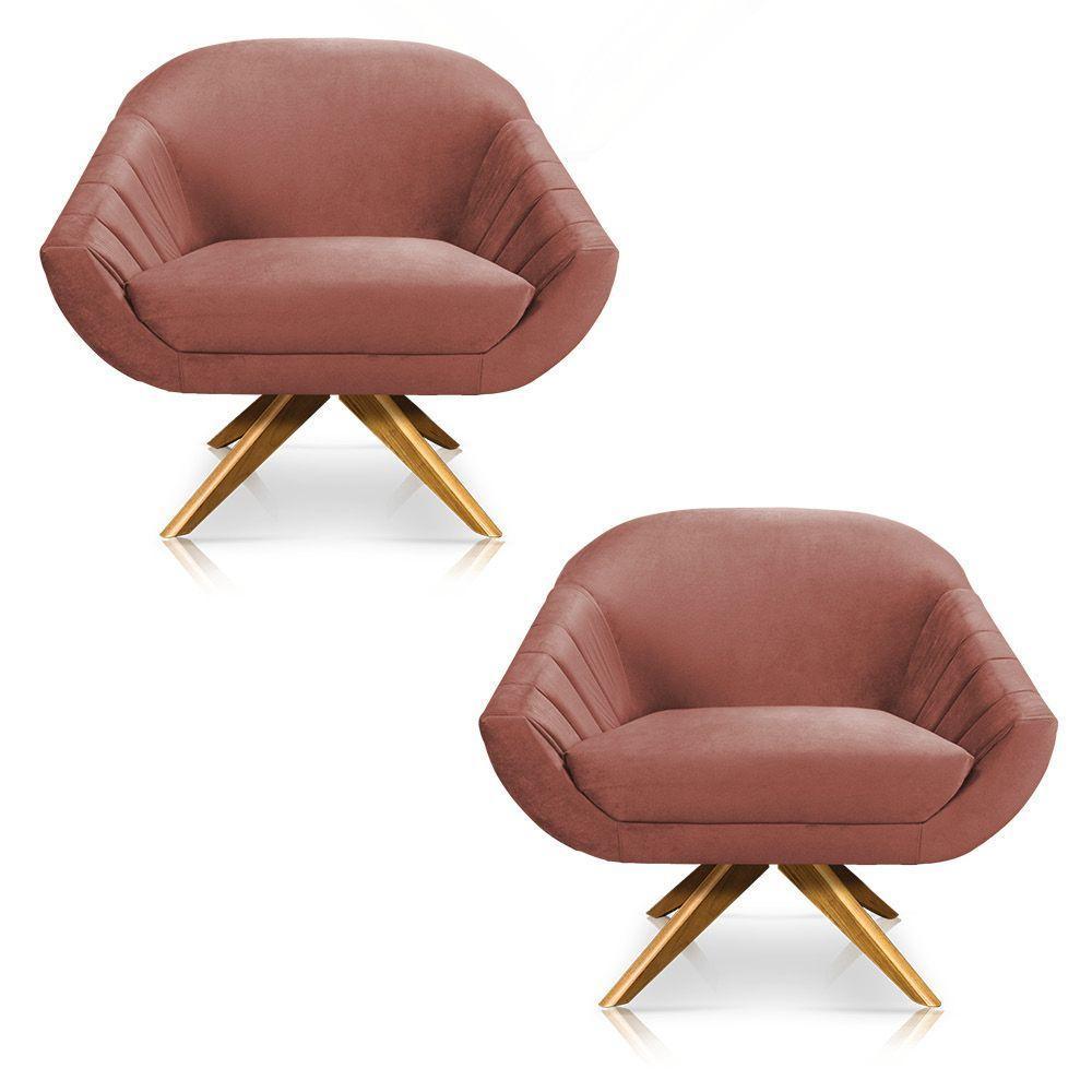 Kit 02 Poltronas Veludo Base Madeira Rose - 1