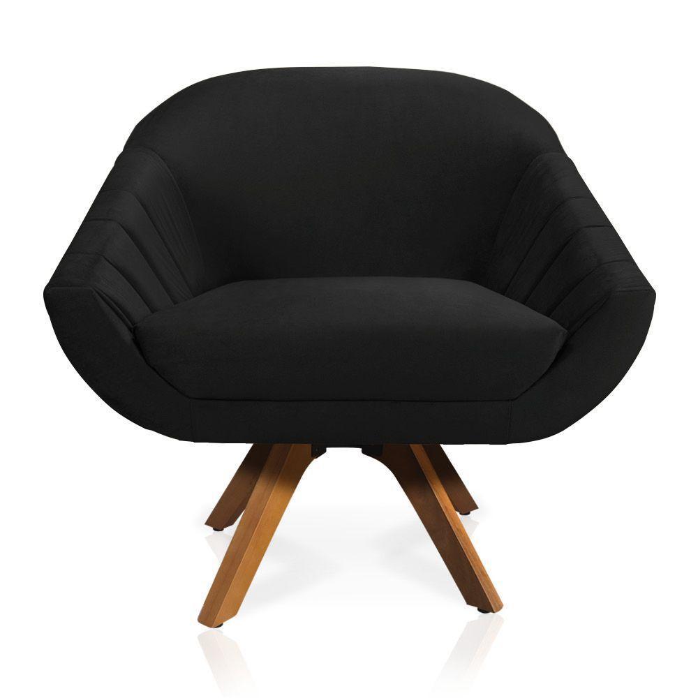 Kit 02 Poltronas Veludo Preto Base Madeira - 5