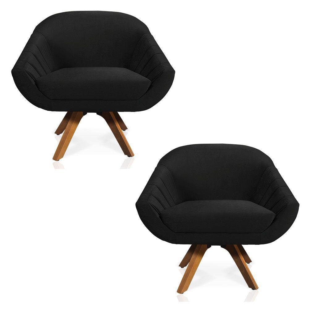 Kit 02 Poltronas Veludo Base Madeira Preto - 1