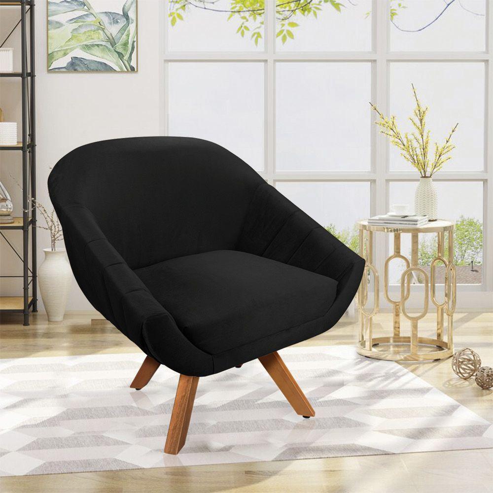 Kit 02 Poltronas Veludo Base Madeira Preto - 7
