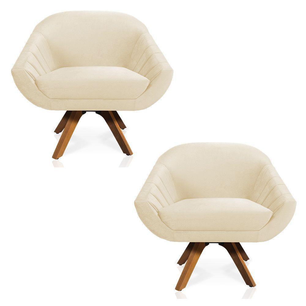 Kit 02 Poltronas Veludo Bege Base Madeira - 1