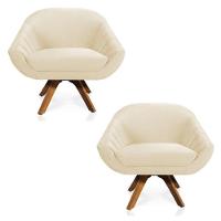 Kit 02 Poltronas Veludo Bege Base Madeira - 1