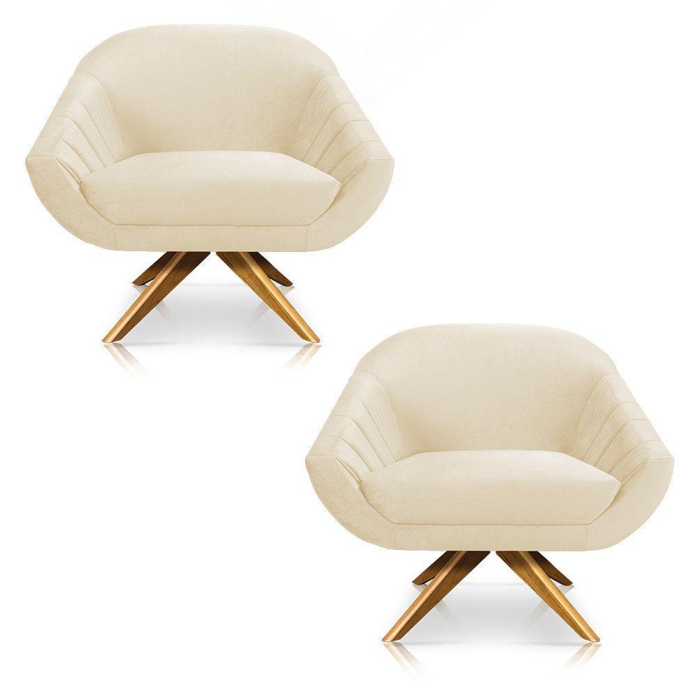 Kit 02 Poltronas Veludo Bege Base Madeira - 1