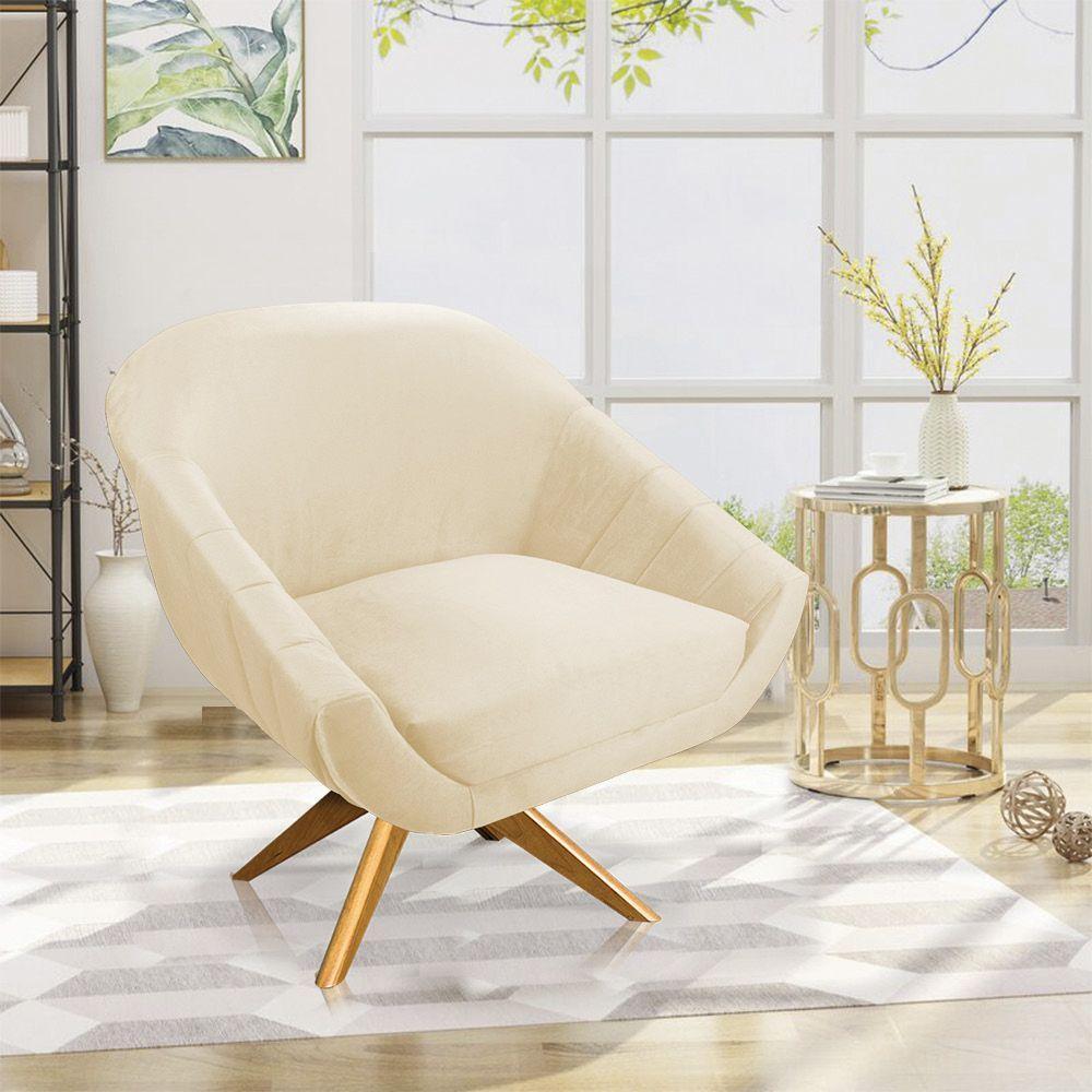 Kit 02 Poltronas Veludo Bege Base Madeira - 8