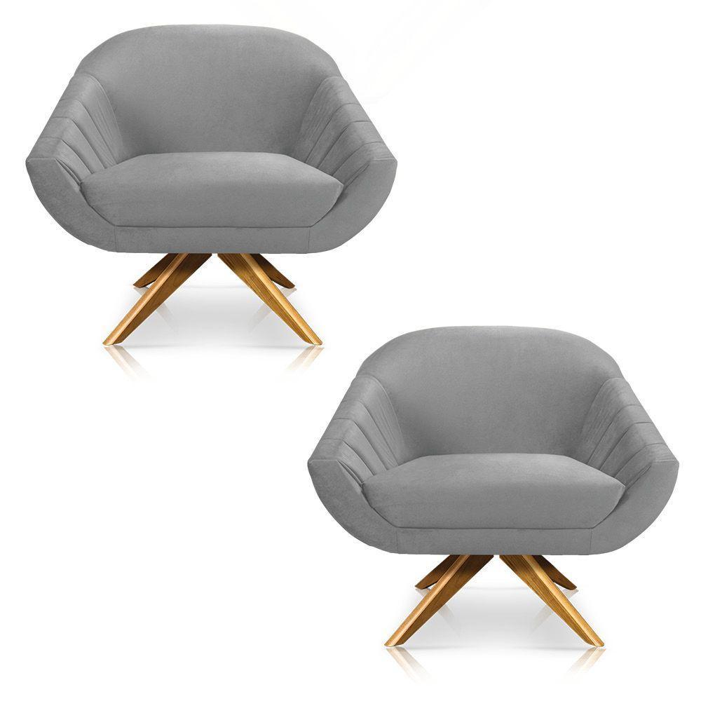 Kit 02 Poltronas Veludo Base Madeira Cinza - 1