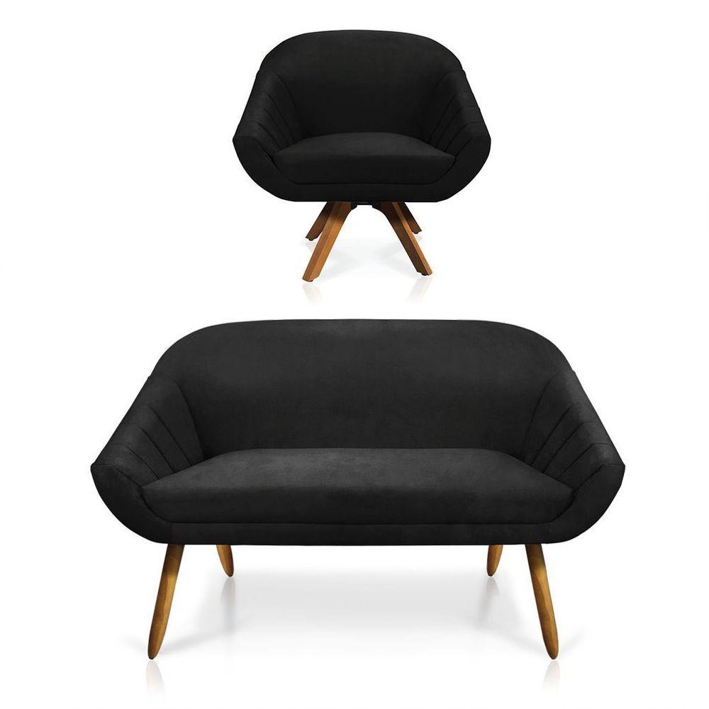 Kit 01 Namoradeira E 01 Poltrona Suede Base Madeira Mm30 Preto - 1
