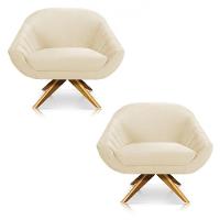 Kit 02 Poltronas Veludo Base Madeira Bege - 1