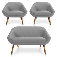 Kit 01 Namoradeira e 02 Poltronas Veludo Castanho Cinza - 1