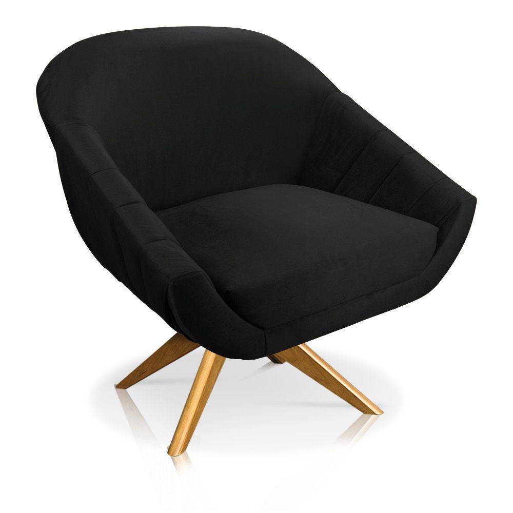 Kit 02 Poltronas Veludo Preto Base Madeira - 7