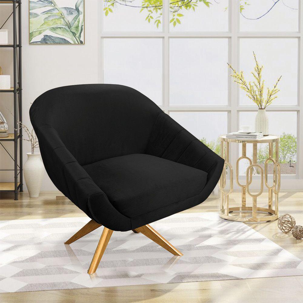 Kit 02 Poltronas Veludo Preto Base Madeira - 8