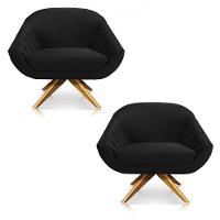 Kit 02 Poltronas Veludo Preto Base Madeira - 1