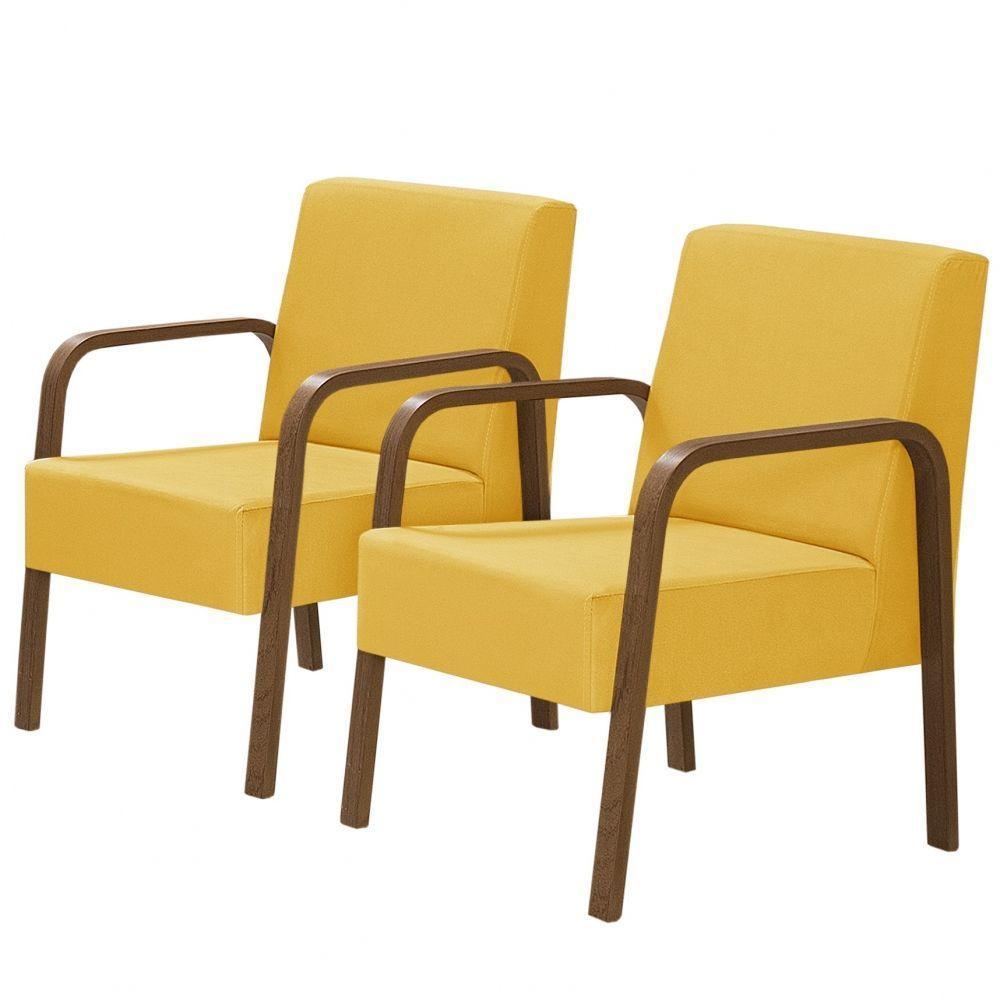 Kit 2 Poltronas 1 Lugar Luna Braço Madeira Amarelo - 1