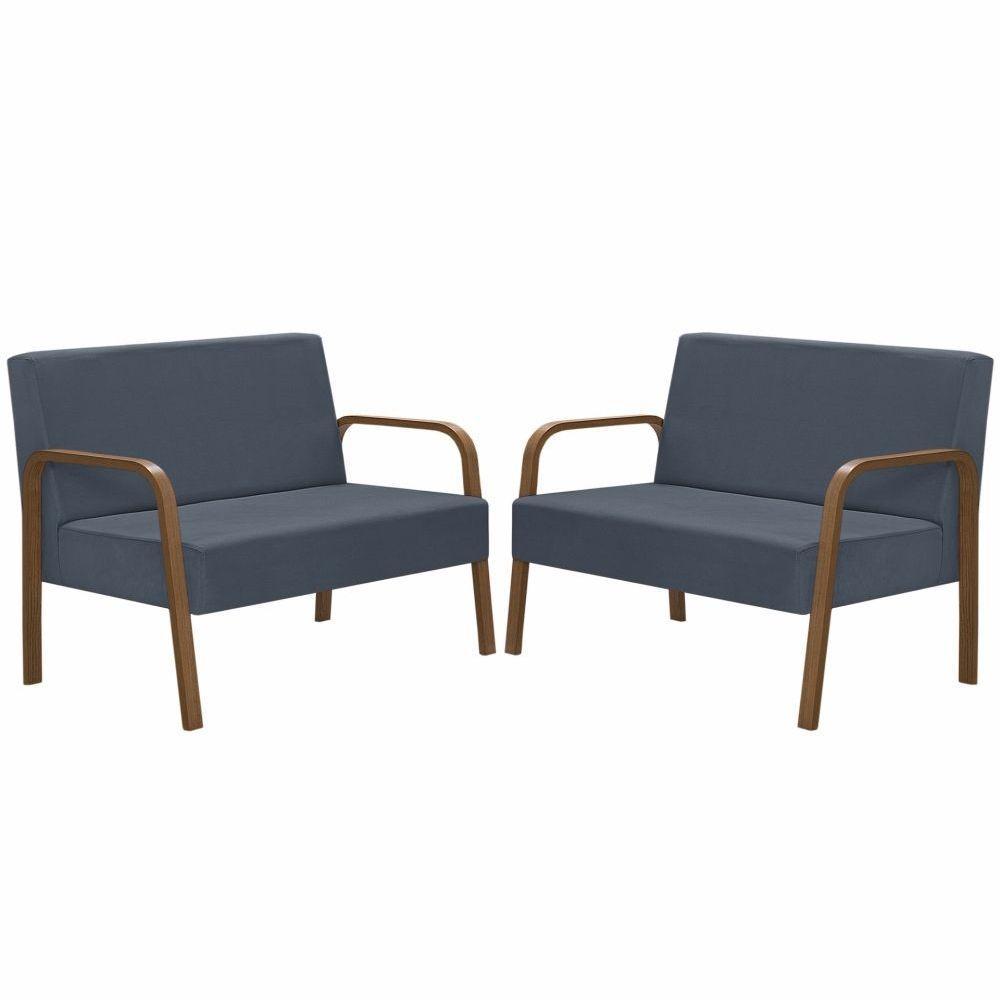 Kit 2 Poltrona 2 Lugares Jade Braço Madeira Azul Bic - 1